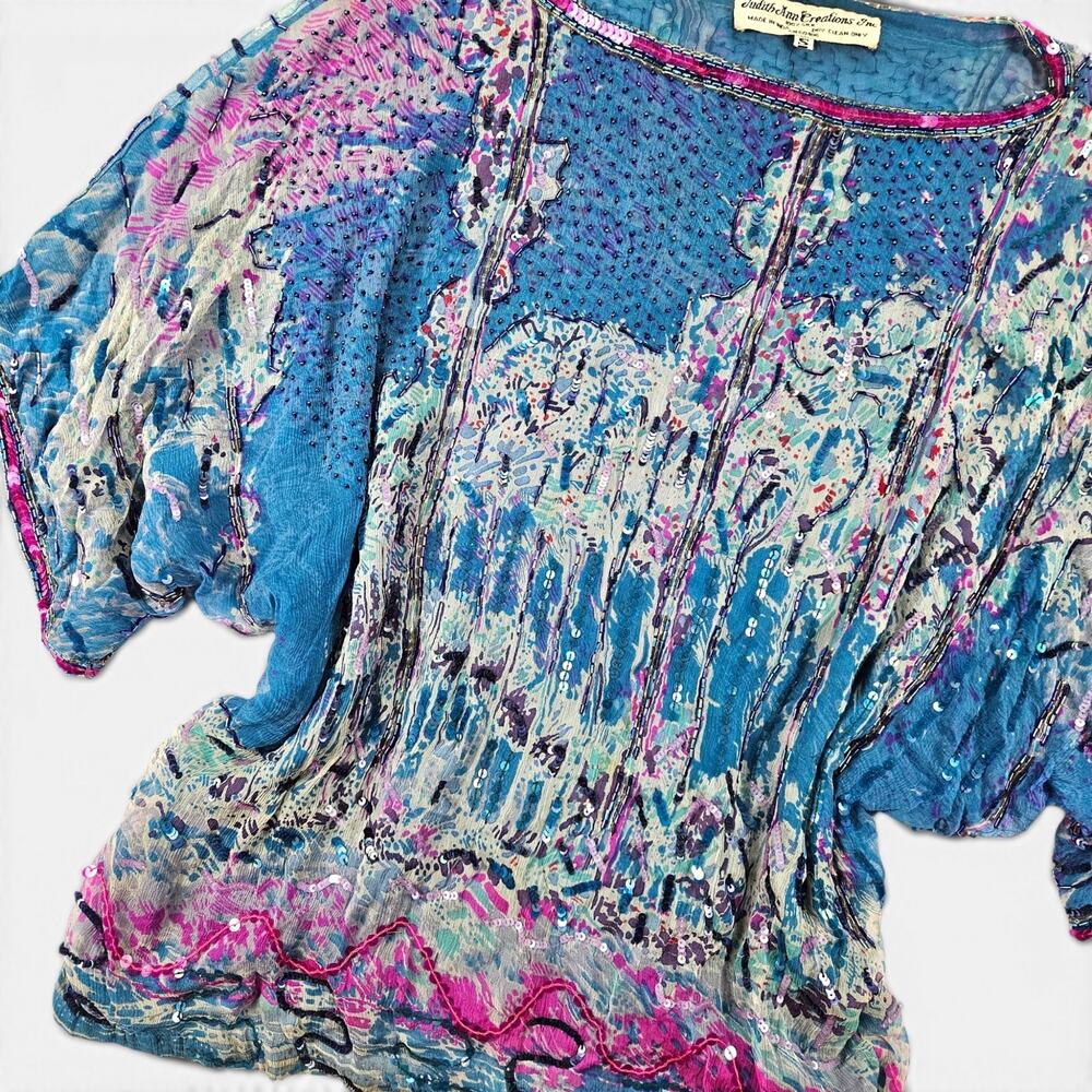 Vintage Silk Fairycore Top Beaded Sequin Batwing Boho - Small - Picture 2 of 7